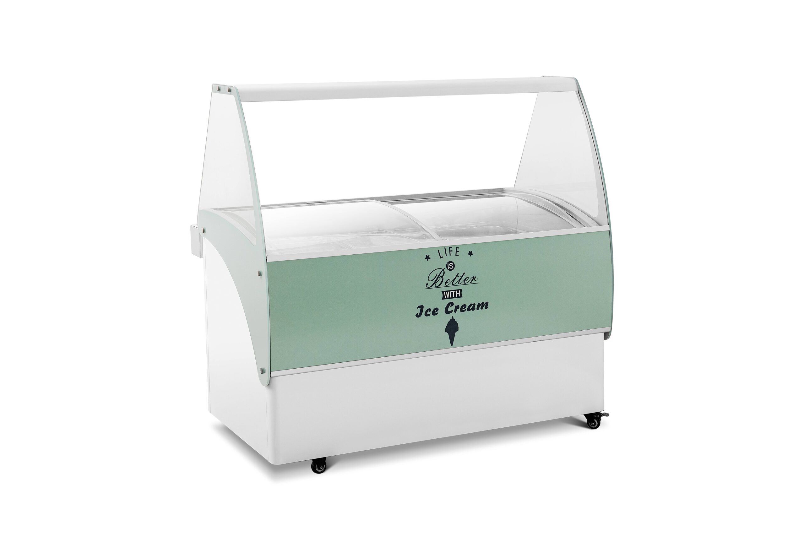 Scooping Ice cream Freezer with 10pcs 5L gelato ice cream pan. Equipped with digital controller for precise temperature control, front sign led light and back door for under deck storage