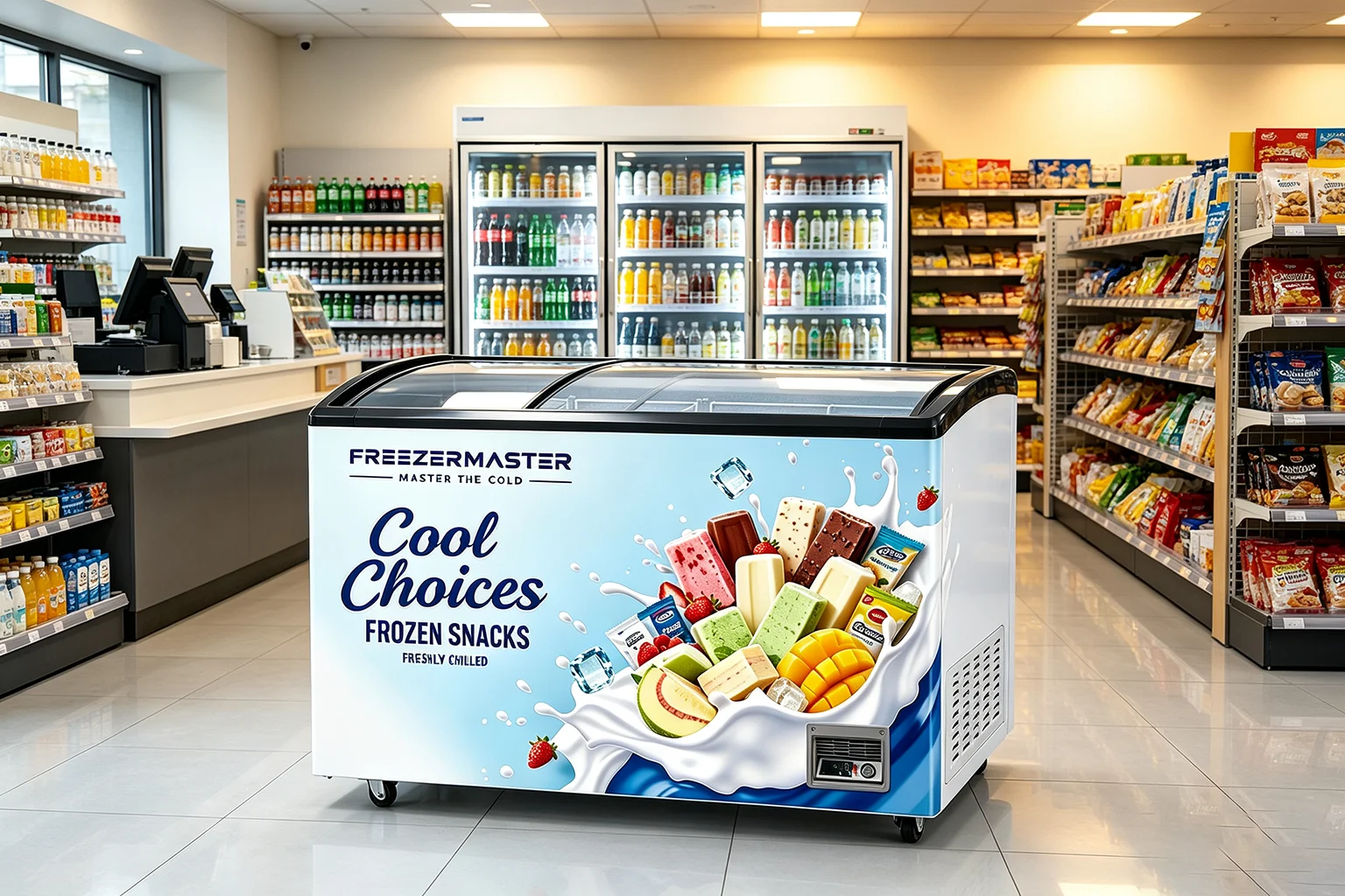 chest display cabinet with glass lid in a grocery shop