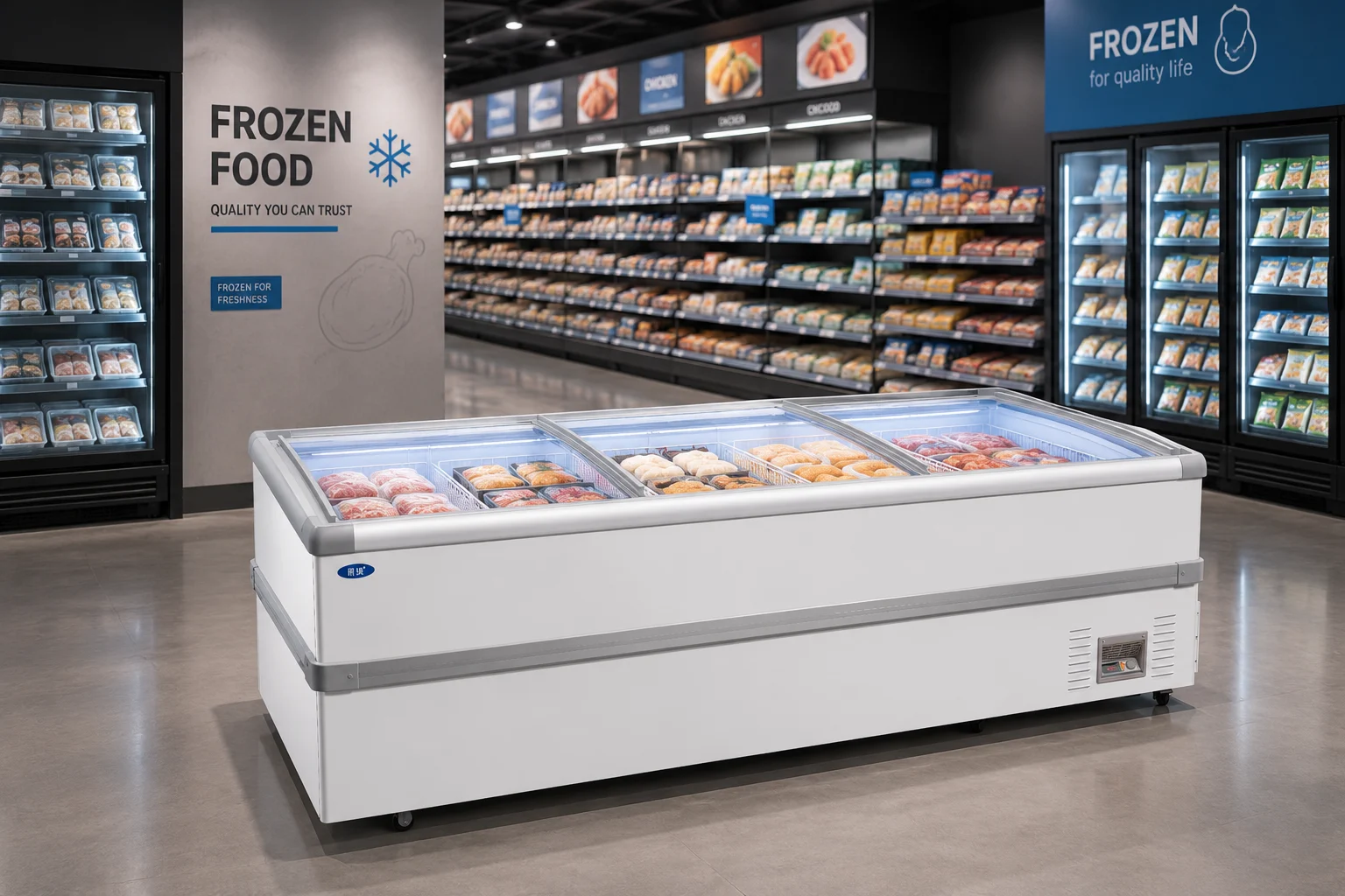 Island-freezer-for-frozen-food-in-supermarket large capacity island freezer for frozen food in supermarket with bumper strip