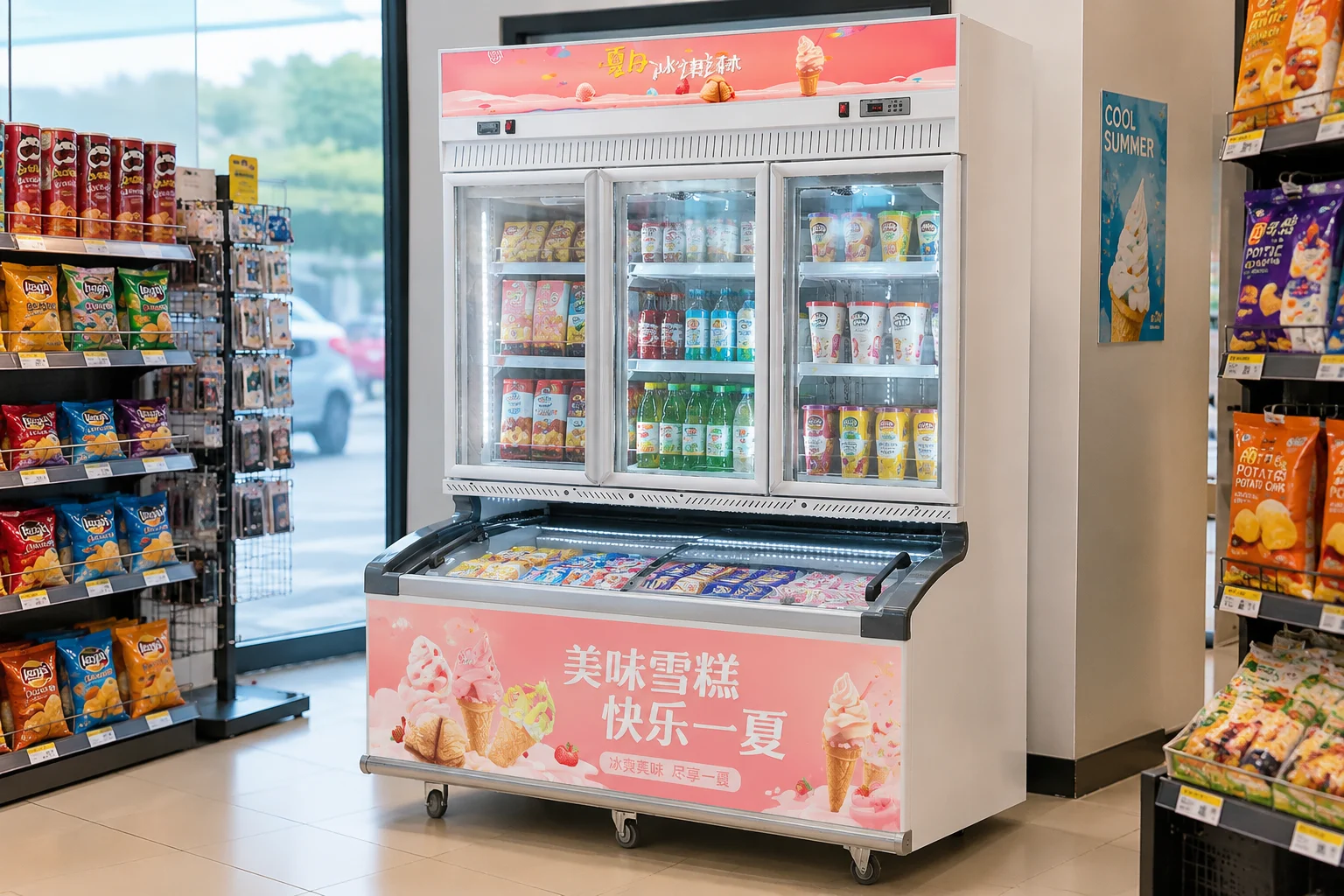 Upright-Freezer-in-Convenience-Store space-saving Combo freezer at convenience store