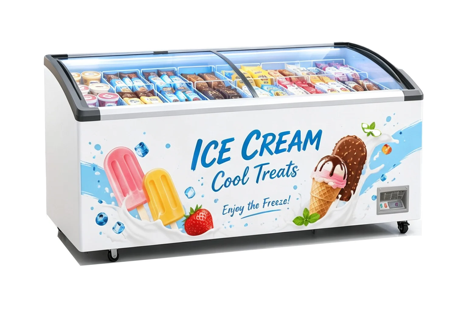galss top ice cream freezer with 6 basket and fill with popsicle and sticks
