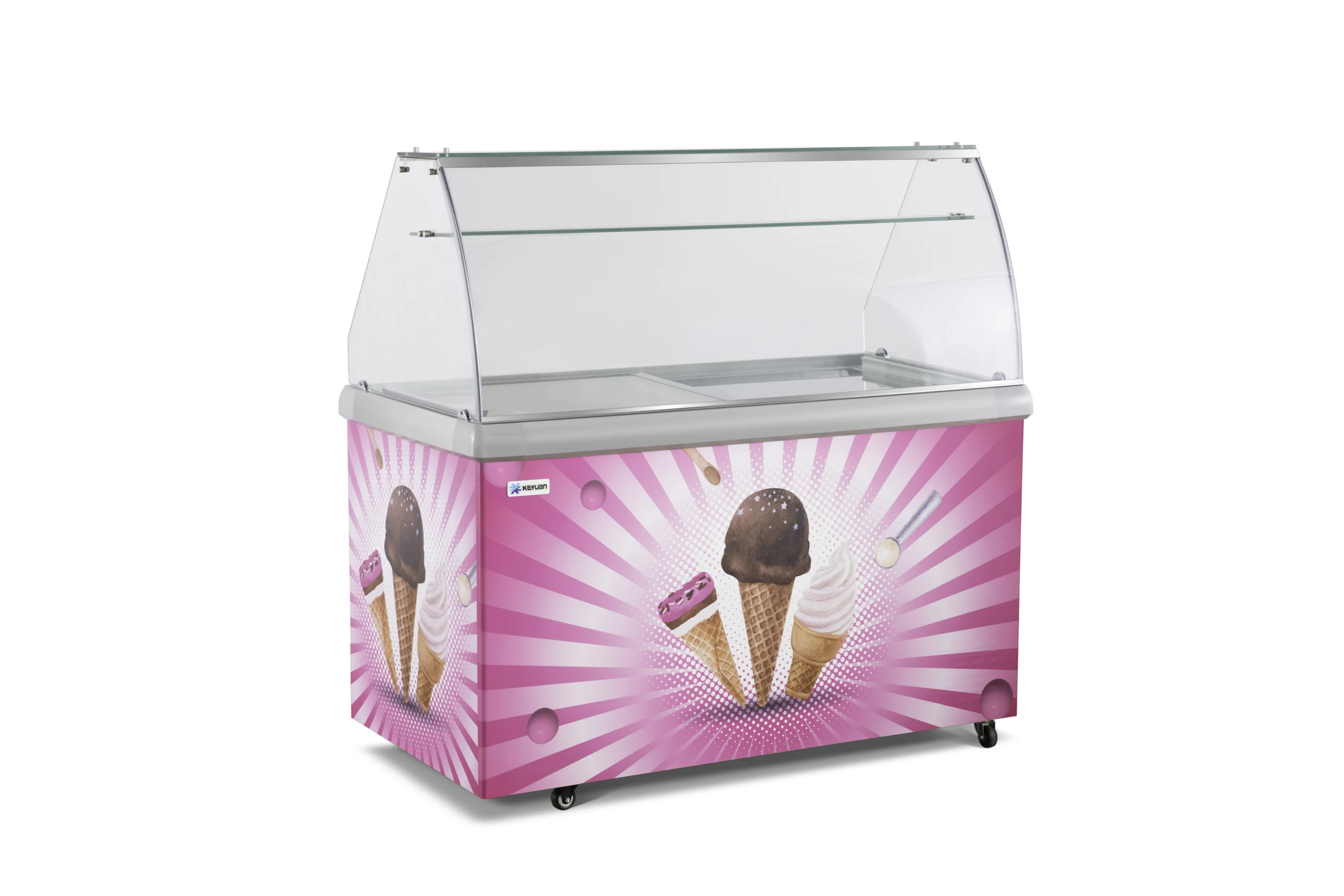 Commercial scoop ice cream freezer with glass canopy and LED light inside