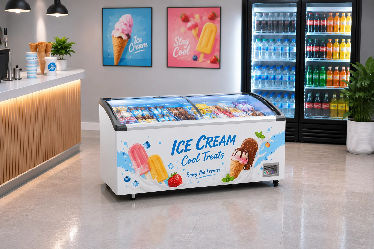 ice-cream-showcase-in-convenience -store Chest freezer showcase for ice cream sales at Convenience store