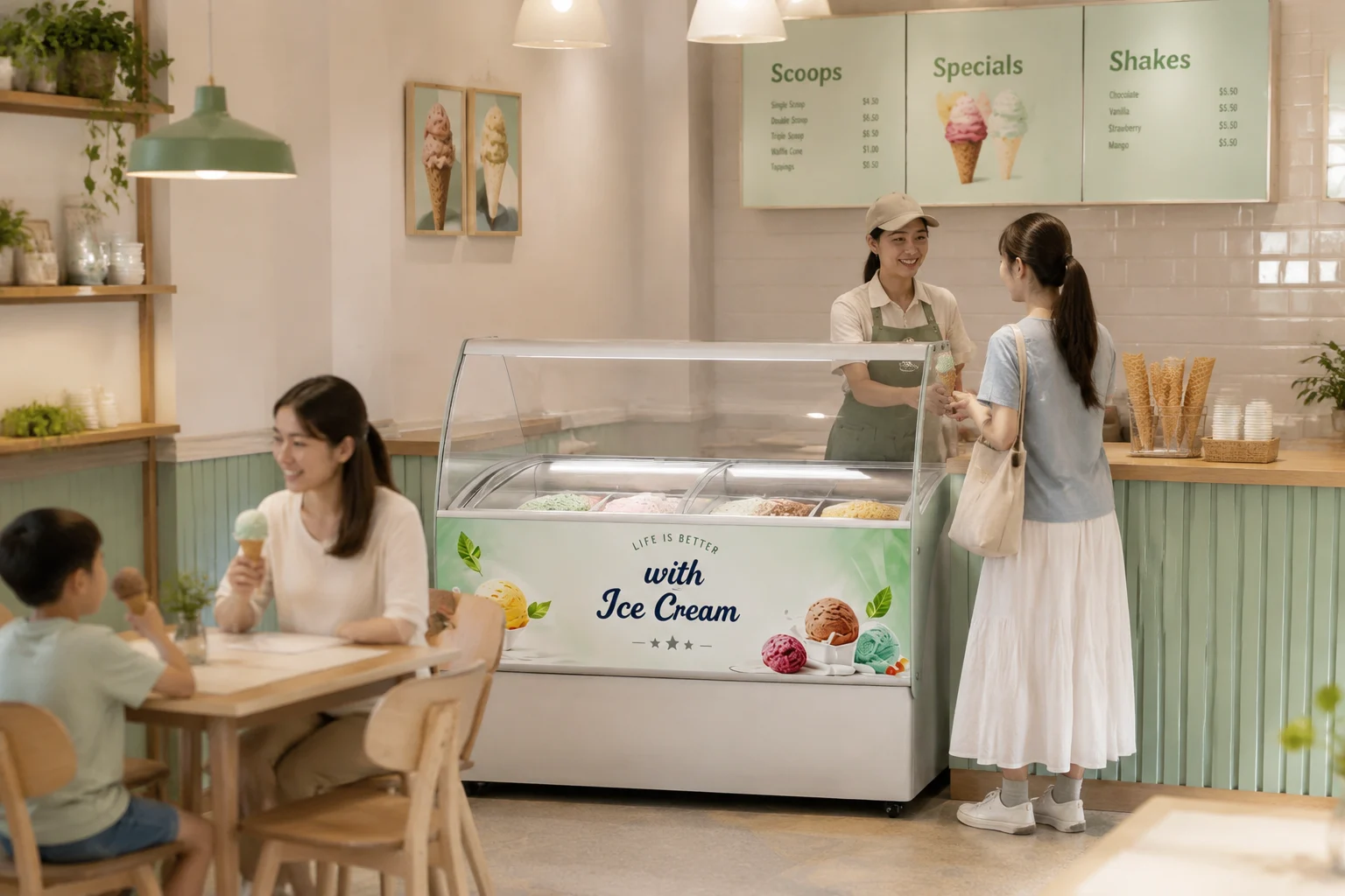 scoop-freezer-at-icecream-shop ice cream shop with scoop ice cream freezer