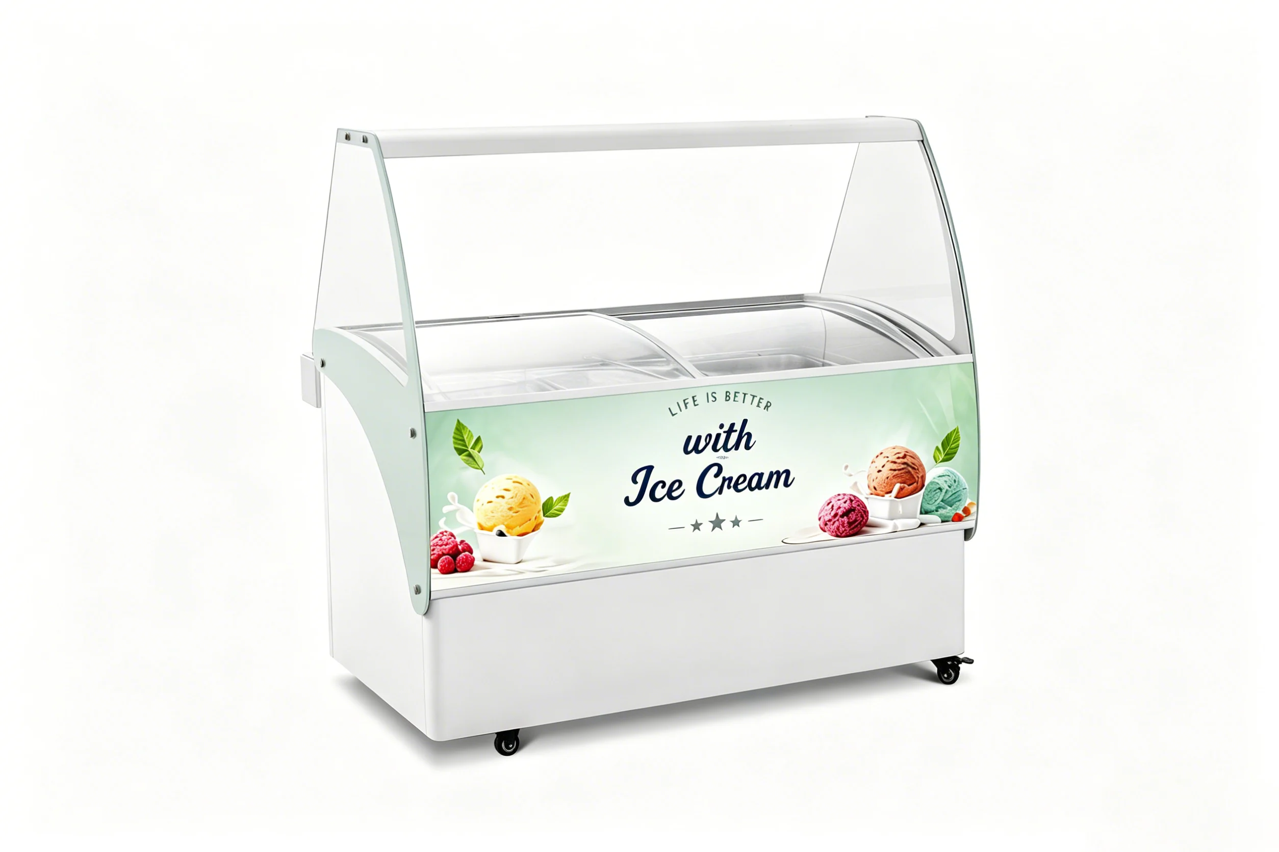 Commercial dipping freezer with glass canopy,front-sign LED light and curved glass top