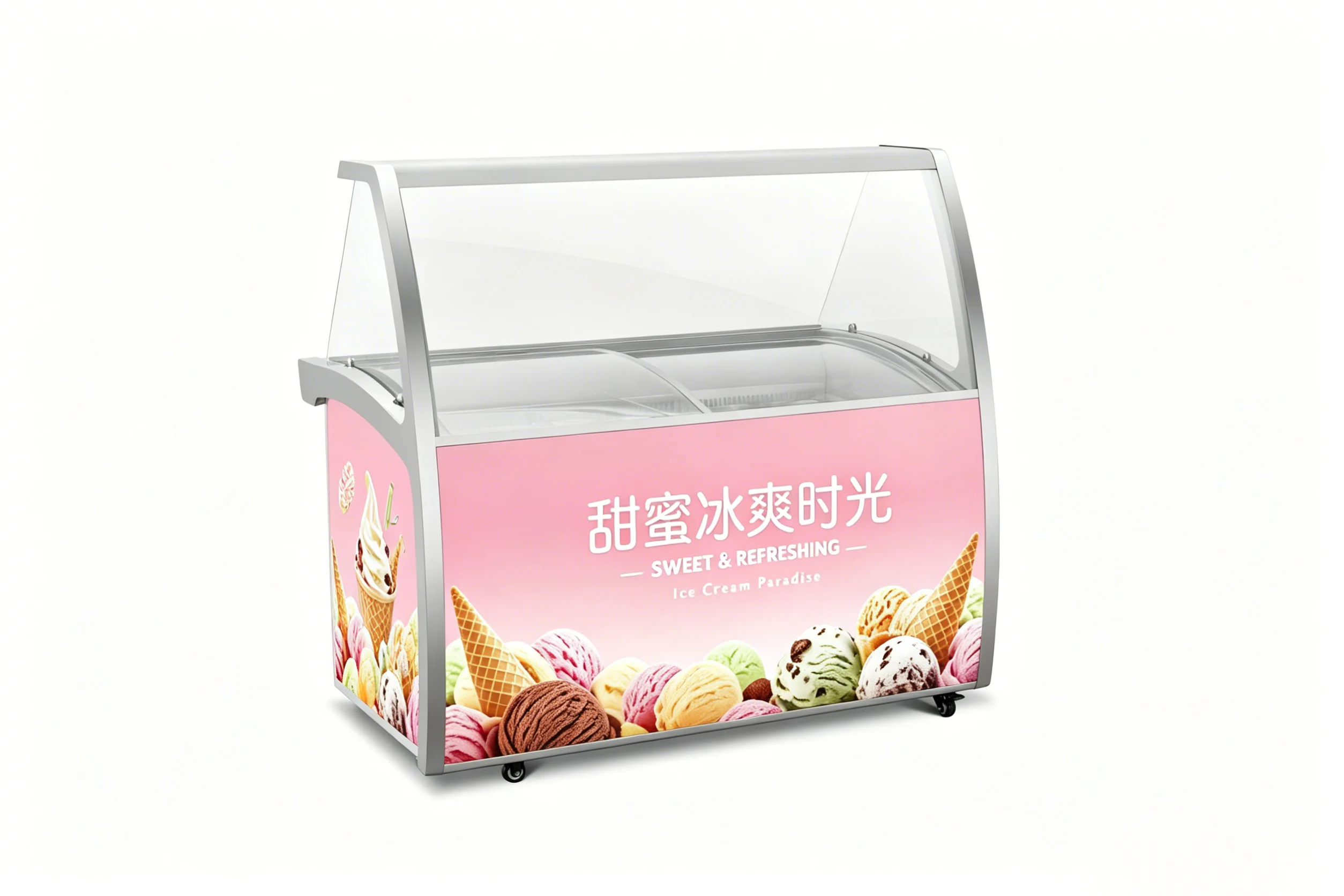 commercial scoop freezer with front-sign LED light and rear door for access to underdeck storage