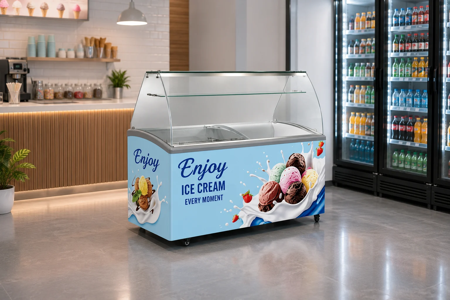 scoop-ice-cream-freezer-in-convenience -store commercial scooping ice craem freezer with LED light suitable for ice cream shop and gelato shop