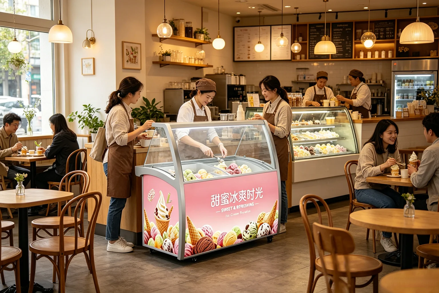 people enjoys the ice cream and dessert in a dessert shop.