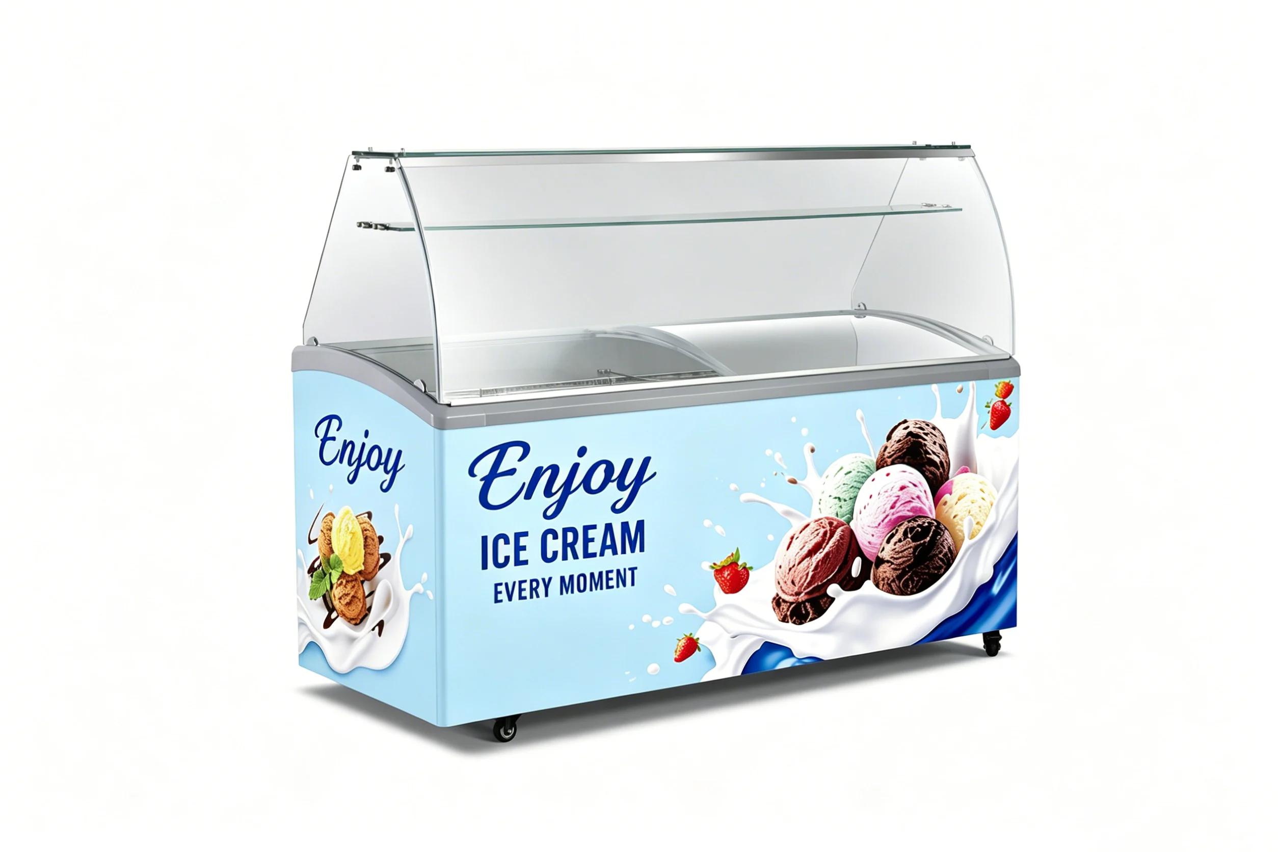 Commercial scoop ice cream freezer with Enjoy Ice Cream Every Moment branding,Led light and glass canopy