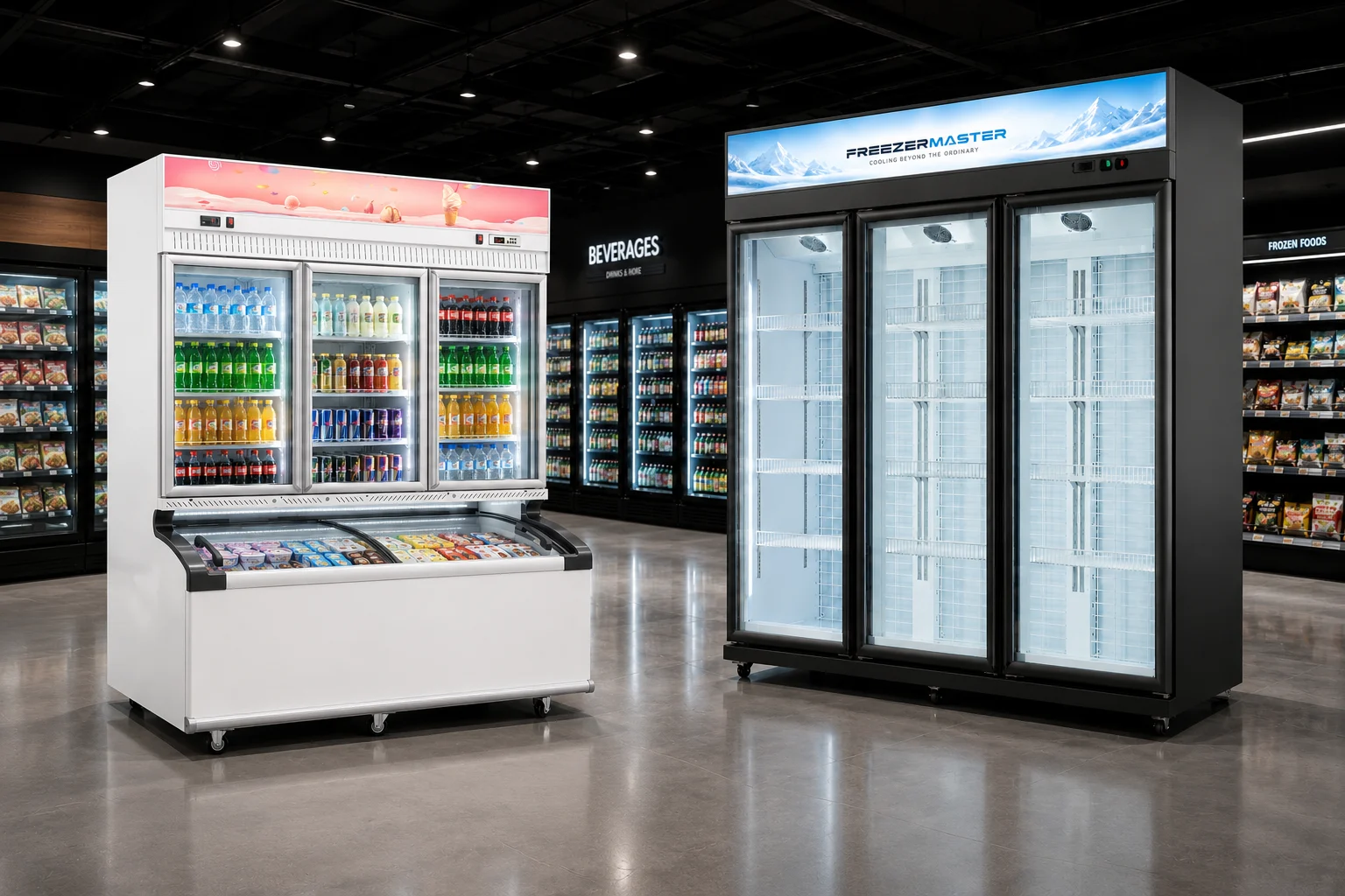 upright-freezer-showcase-and-combo-freezer three door upright freezer with light box and combo freezer with top freezer and bottom chest freezer